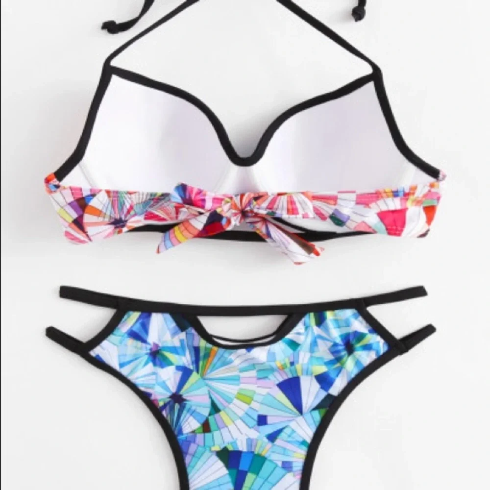 Bikini Geometric Multicolor Side Print Side Cut Out Size M NWT‎